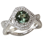 Green Sapphire Diamonds Double Halo Twisted Shank Ring R8F62S142