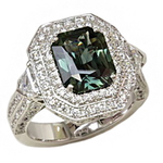 Green Sapphire Diamonds Double Halo Three Stone Ring RFE371G